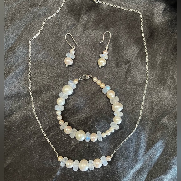 Hand Crafted Jewelry - Genuine Pearl & Rainbow Moonstone Jewelry Set!